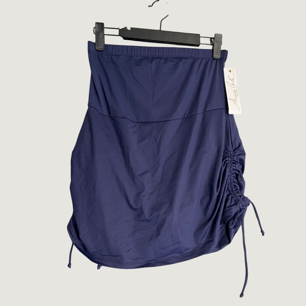 Anne Cole Super High Waist Swim Skirt rouched Navy‎ Tummy Compression Blue M NEW - Picture 2 of 9